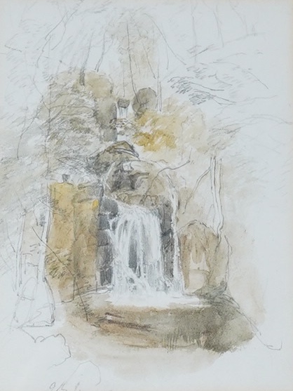 Myles Birket Foster (1825-1899), pencil and watercolour sketch, “Waterfall”, dated 9th July ‘47 in pencil, 14.5 x 11cm. Condition - good